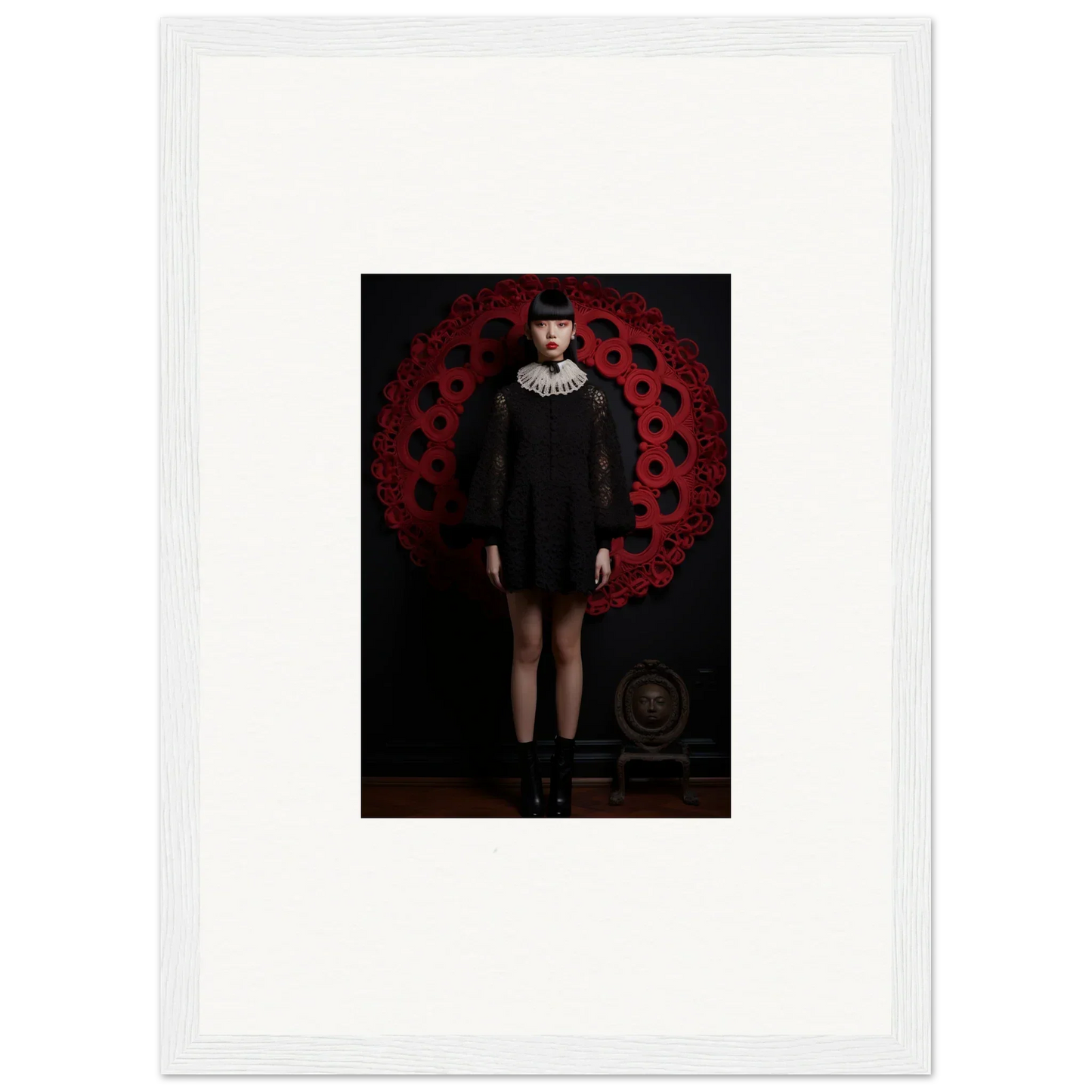 Figure in black dress with ruffled collar, part of Ecstasy Velvet Corsetry special edition art™