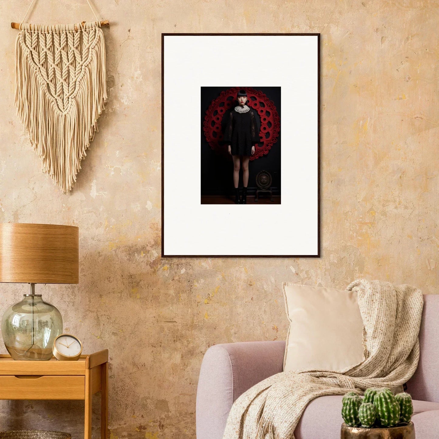 Framed wall art of Ecstasy. Velvet. Corsetry. featuring dark portrait and red pattern