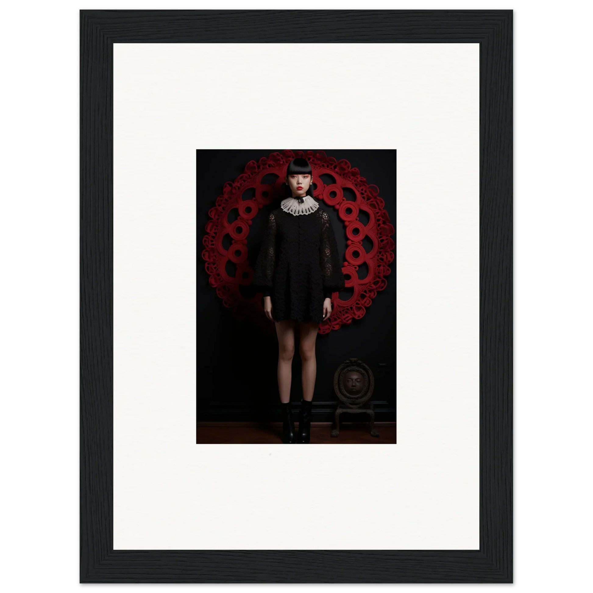 Special edition art of a figure in a black dress with a white collar, perfect for premium framed wall