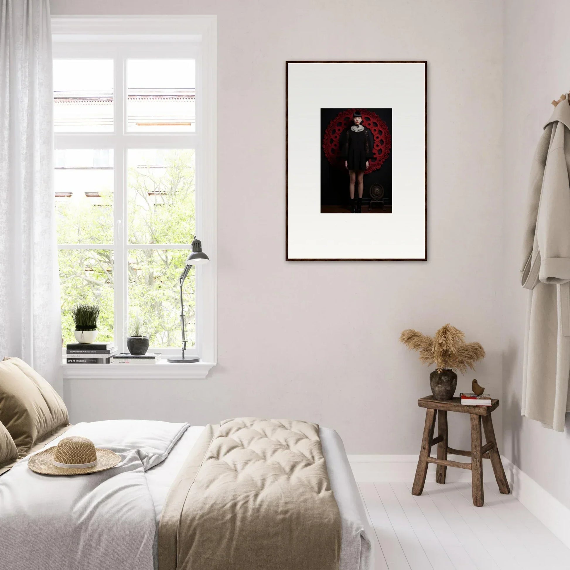 Minimalist bedroom with pale walls showcasing Ecstasy Velvet Corsetry special edition art