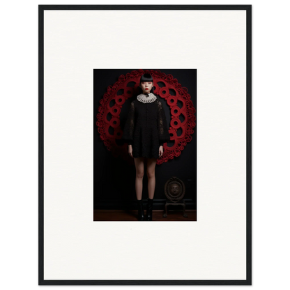 Framed wall art of a chic figure in a black dress with a white collar, Ecstasy. Velvet. Corsetry