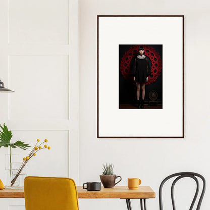 Framed wall art of a dark figure on deep red for Ecstasy. Velvet. Corsetry