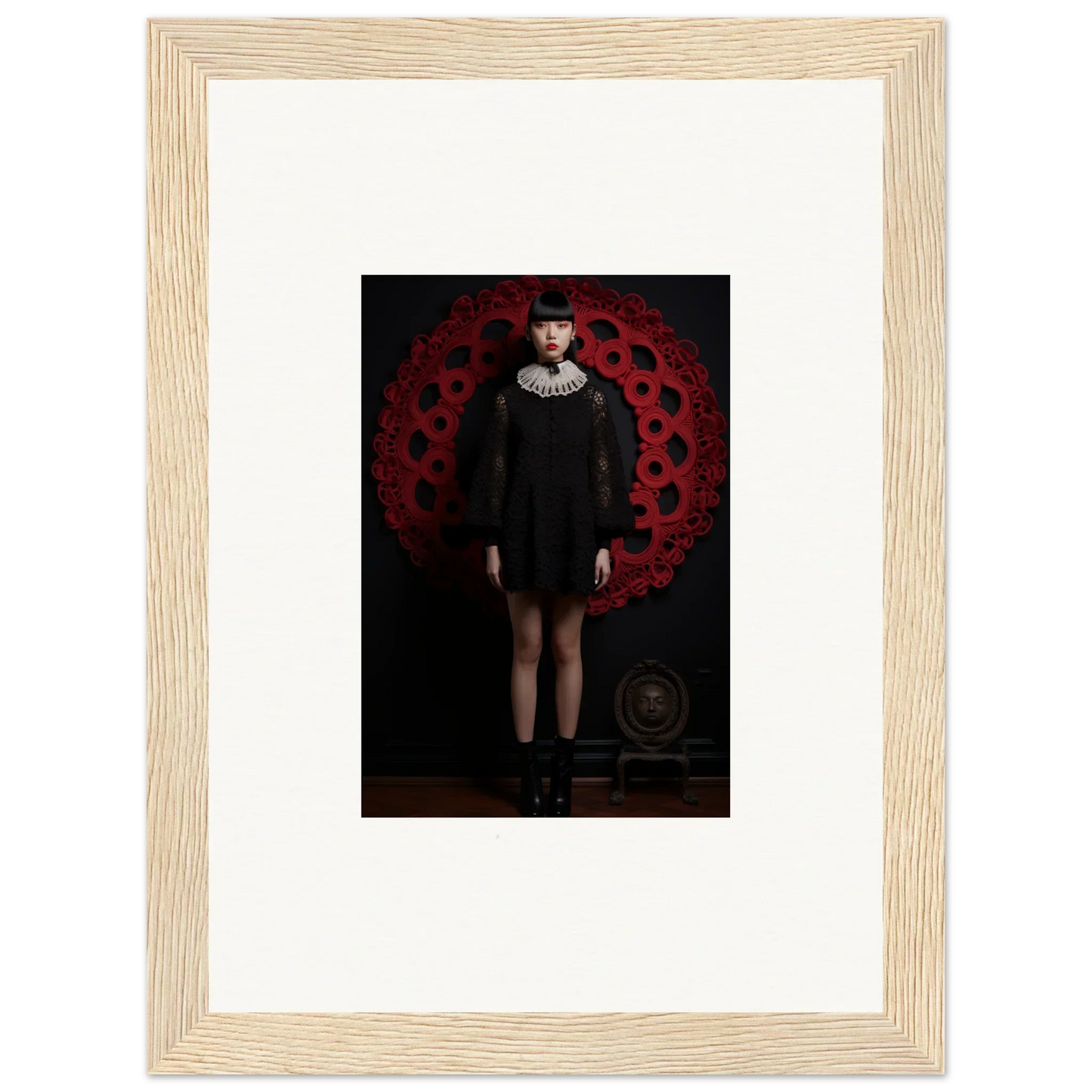 Framed wall art of a figure in a black dress with a white collar from Ecstasy. Velvet. Corsetry