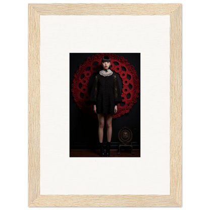 Framed wall art of a figure in a black dress with a white collar from Ecstasy. Velvet. Corsetry