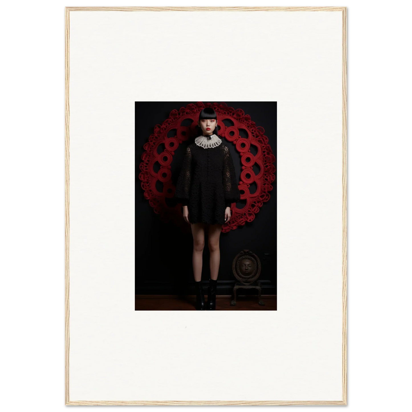 Person in black mini dress with white collar against dark red circular pattern for premium framed wall art