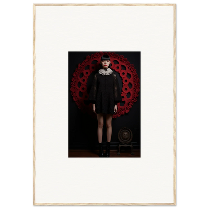 Person in black mini dress with white collar against dark red circular pattern for premium framed wall art