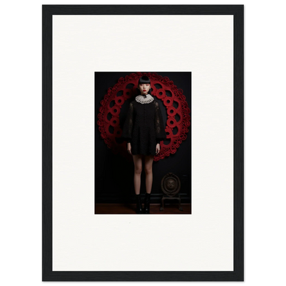 Framed wall art featuring a dark figure on a bold red pattern from Ecstasy. Velvet. Corsetry