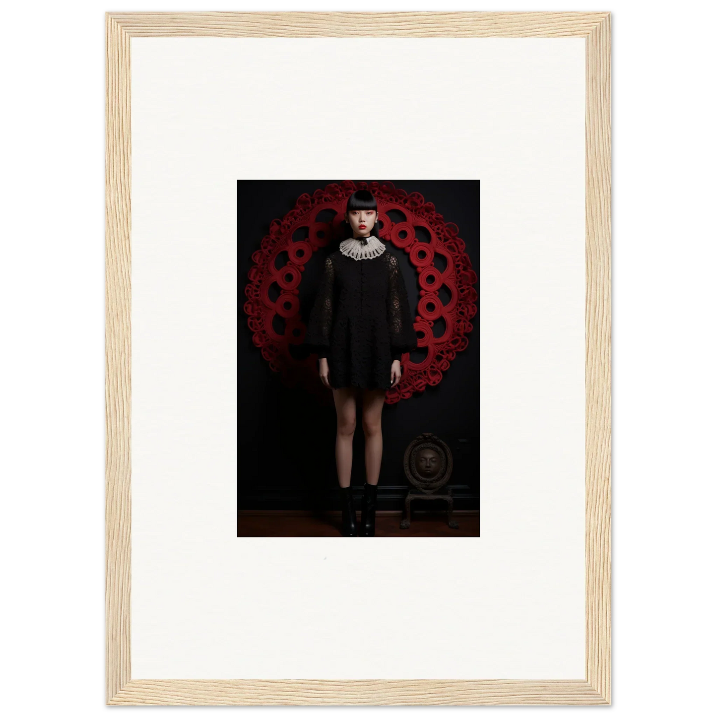 Framed wall art of a person in a black dress with dark red pattern for Ecstasy. Velvet. Corsetry