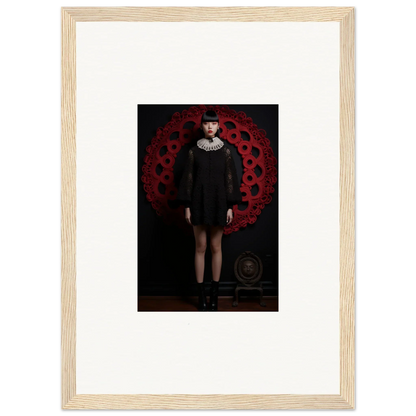 Framed wall art of a person in a black dress with dark red pattern for Ecstasy. Velvet. Corsetry