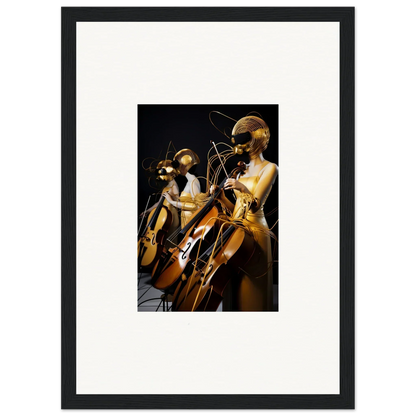 Framed wall art of alien figures in Electric Amber Crescendo for unique room decor