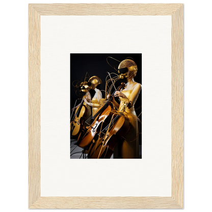 Framed wall art of mannequins playing instruments, featuring Electric Amber Crescendo design