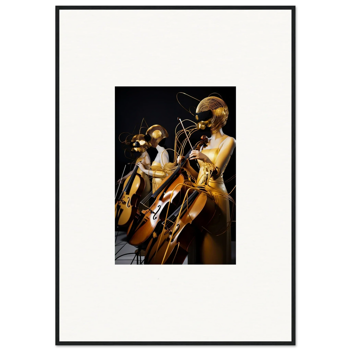 Framed wall art of musicians playing stringed instruments, an amber crescendo for room decor