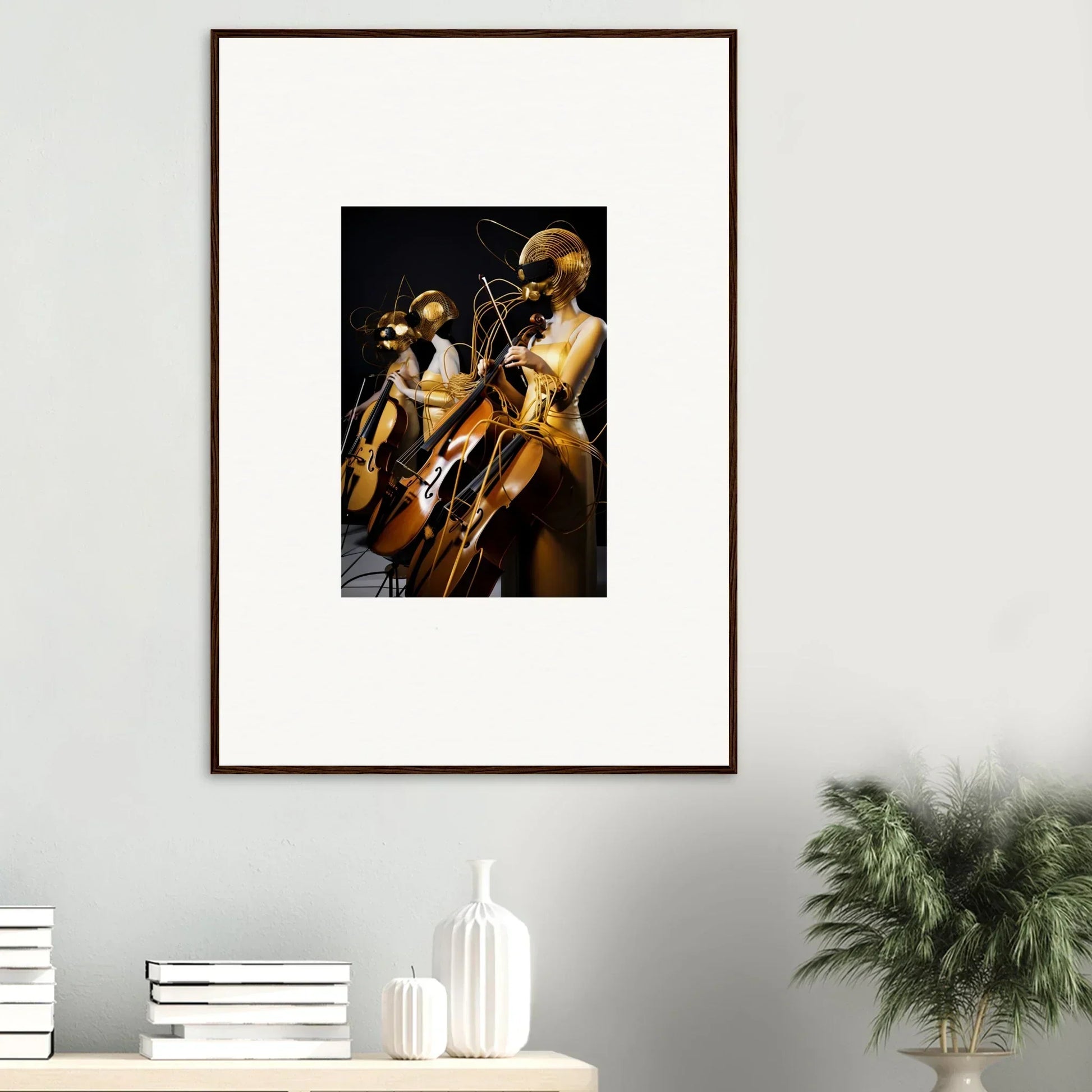 Framed wall art of skeletal figures playing instruments in Electric Amber Crescendo decor