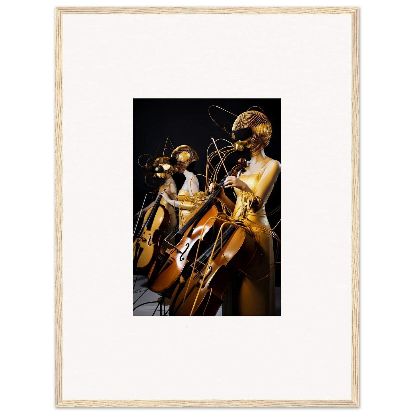 Framed wall art featuring golden humanoid figures in Amber Crescendo playing instruments