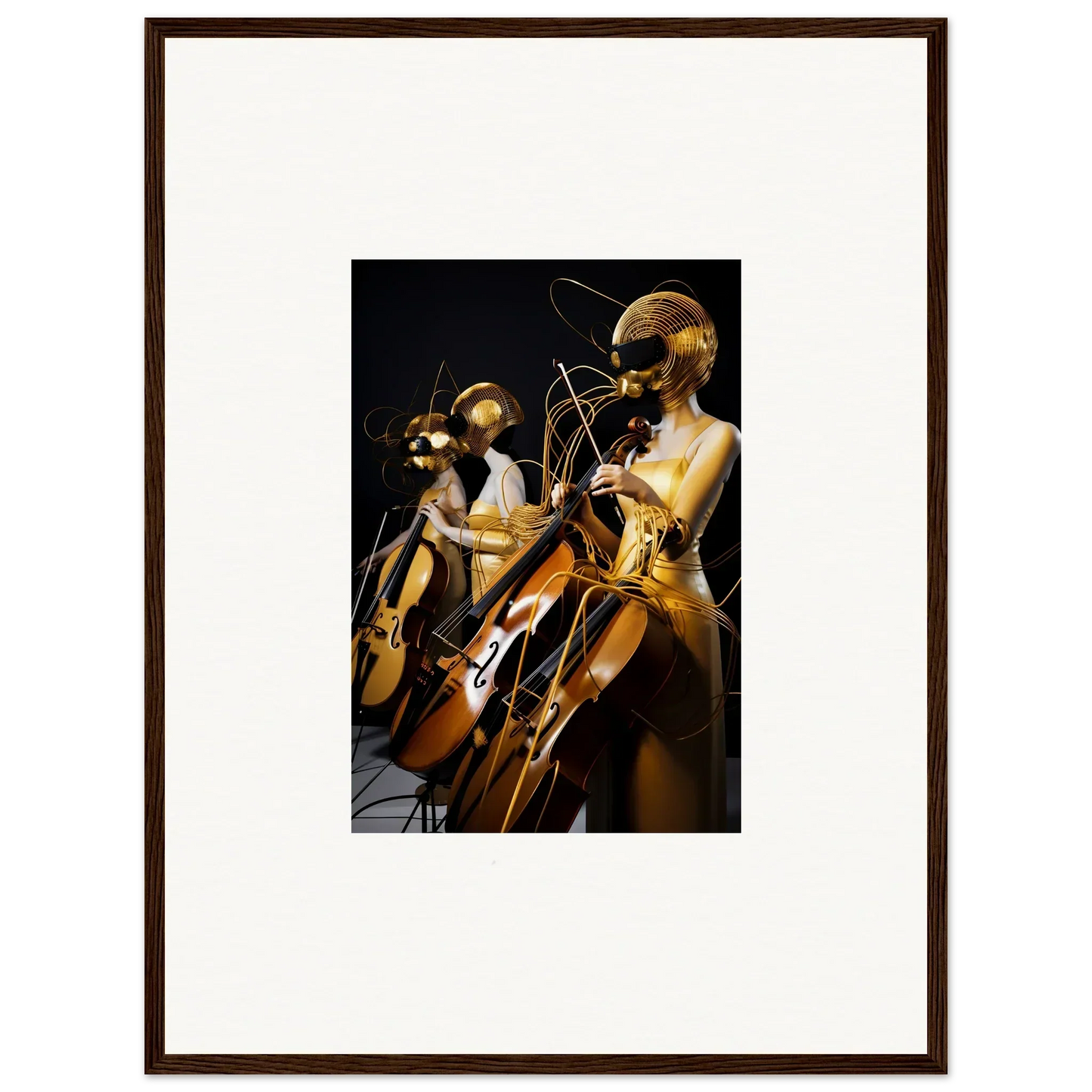 Framed wall art of mannequins playing instruments in Amber Crescendo room decor