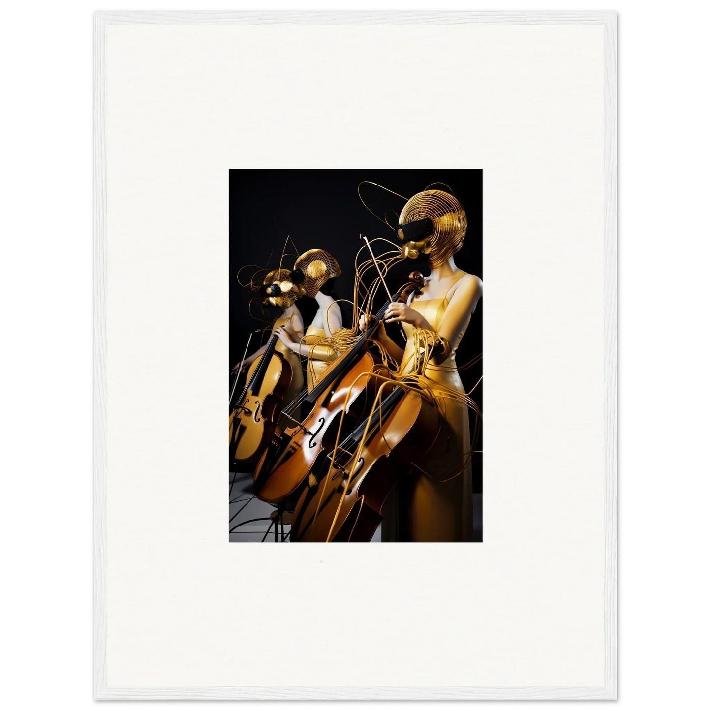 Golden metallic sculptures of musicians enhance Amber Crescendo framed wall art decor