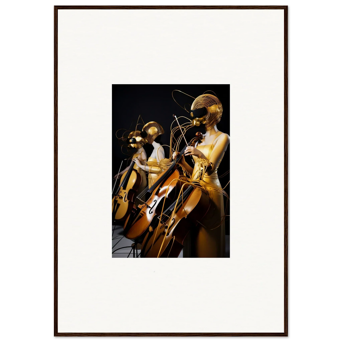 Framed wall art of musicians in Electric Amber Crescendo for stylish room decor