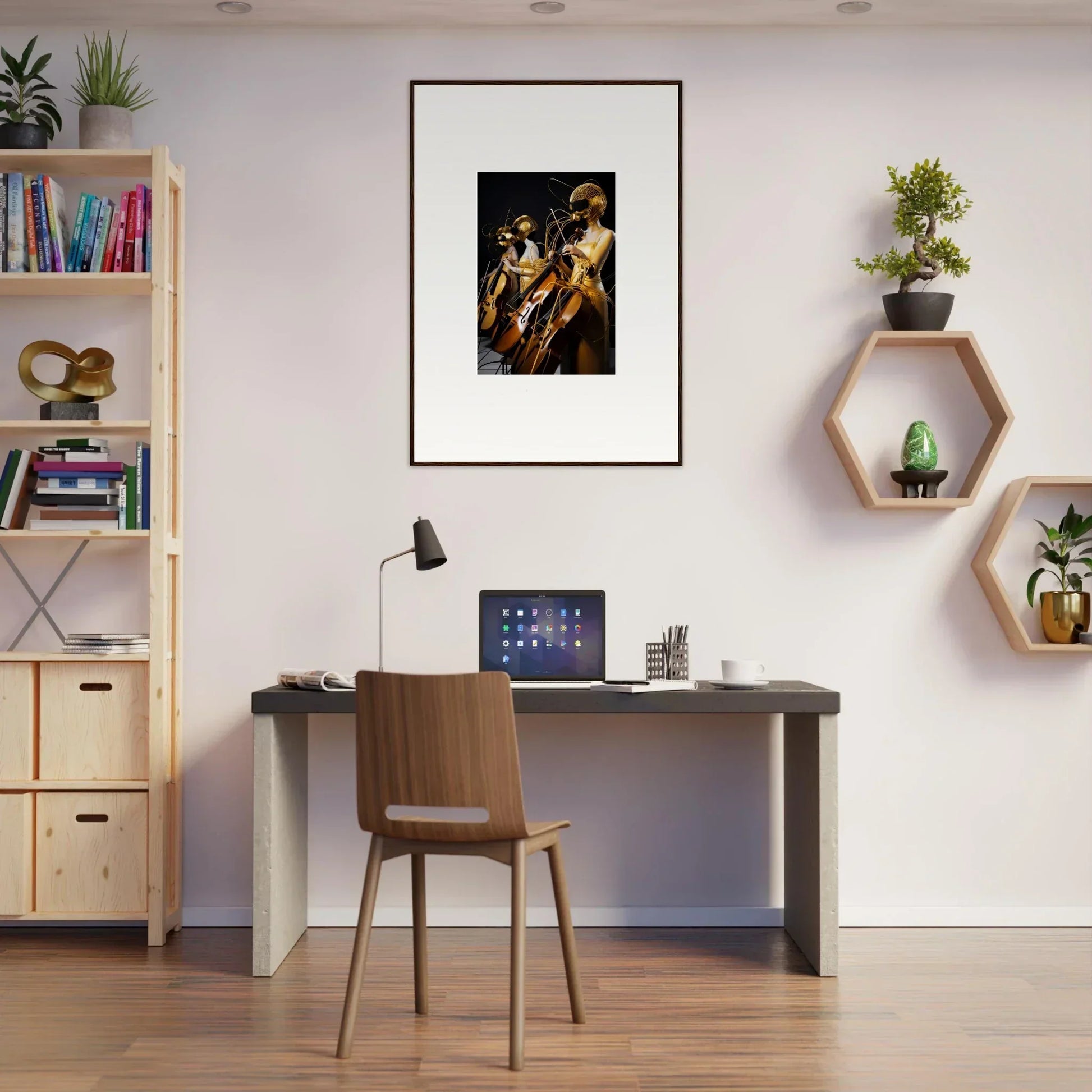 Home office workspace featuring Electric Amber Crescendo room decor and framed wall art