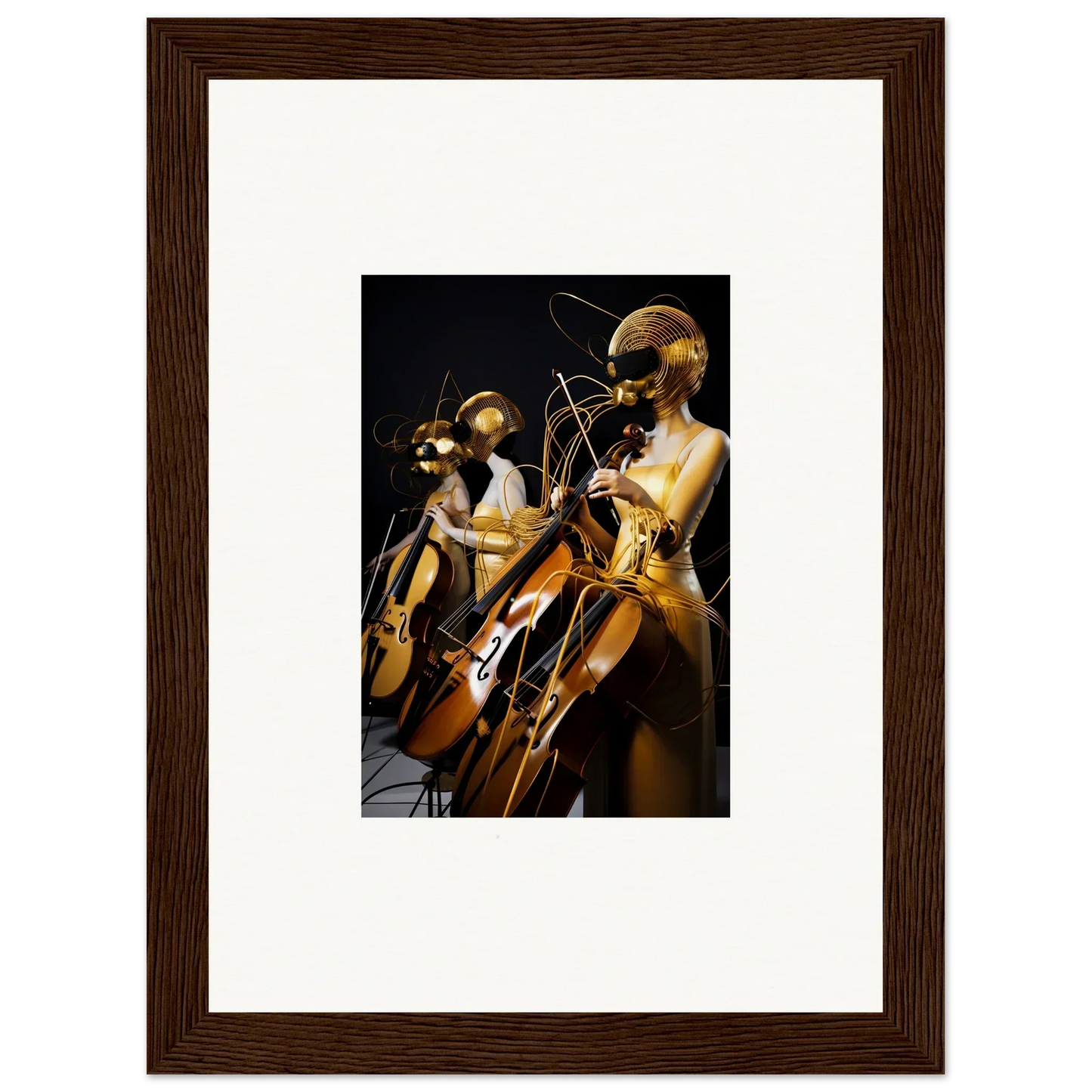 Framed wall art of musicians playing stringed instruments in Amber Crescendo decor