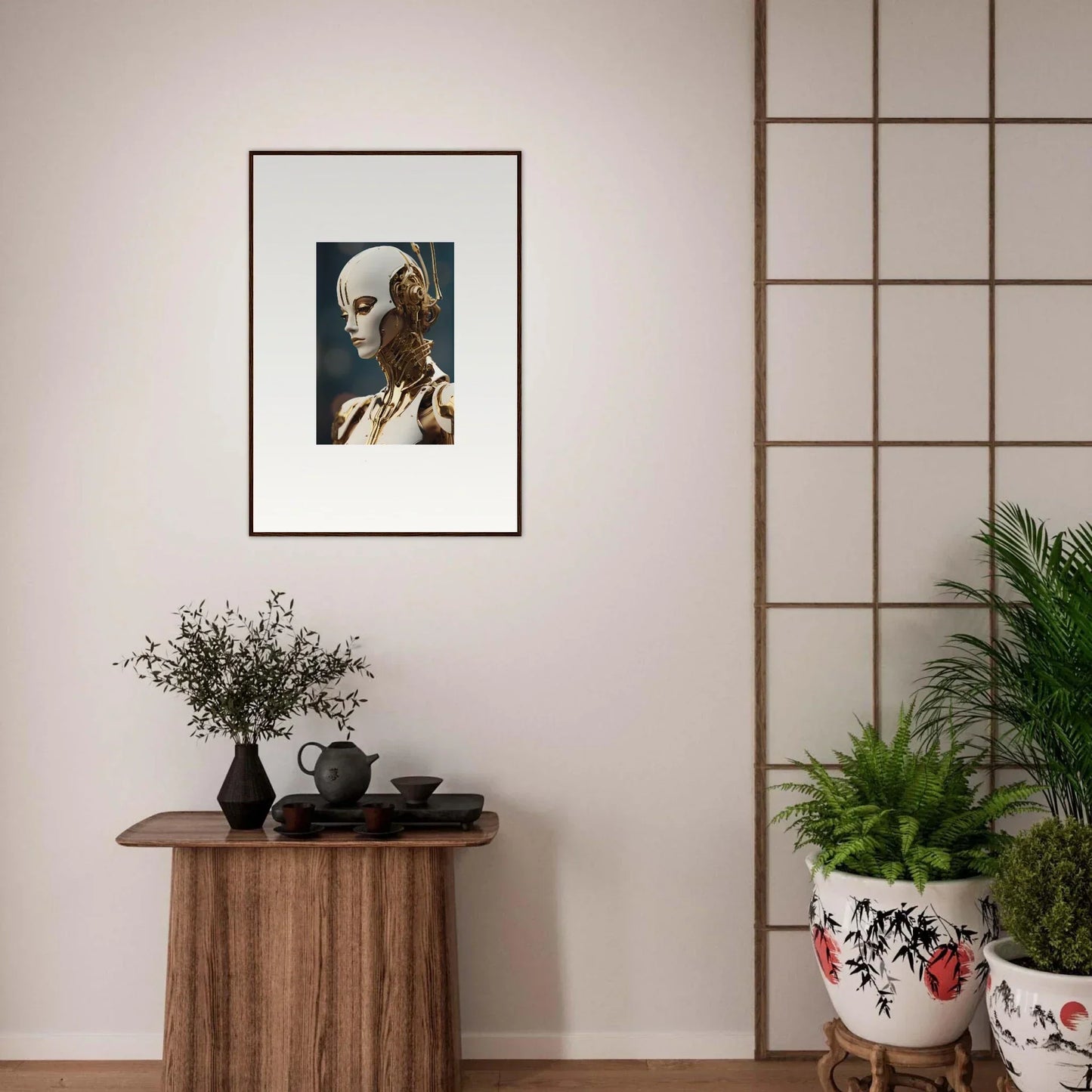 Framed wall art of a humanoid robot, perfect room decor for whiskey obedient enthusiasts