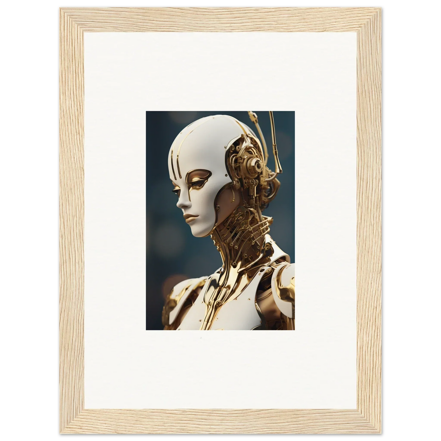 Futuristic humanoid robot with golden parts for Whiskey Obedient room decor art