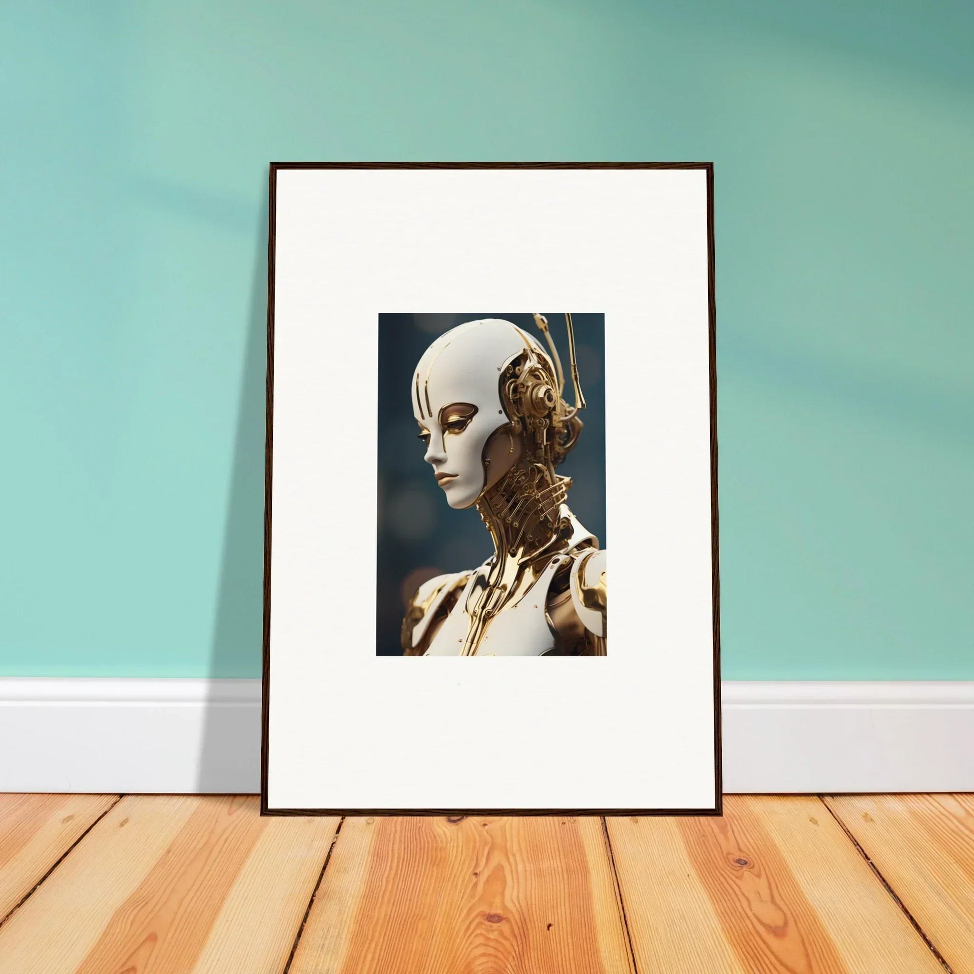 Framed wall art of humanoid robot showcasing whiskey obedient room decor style