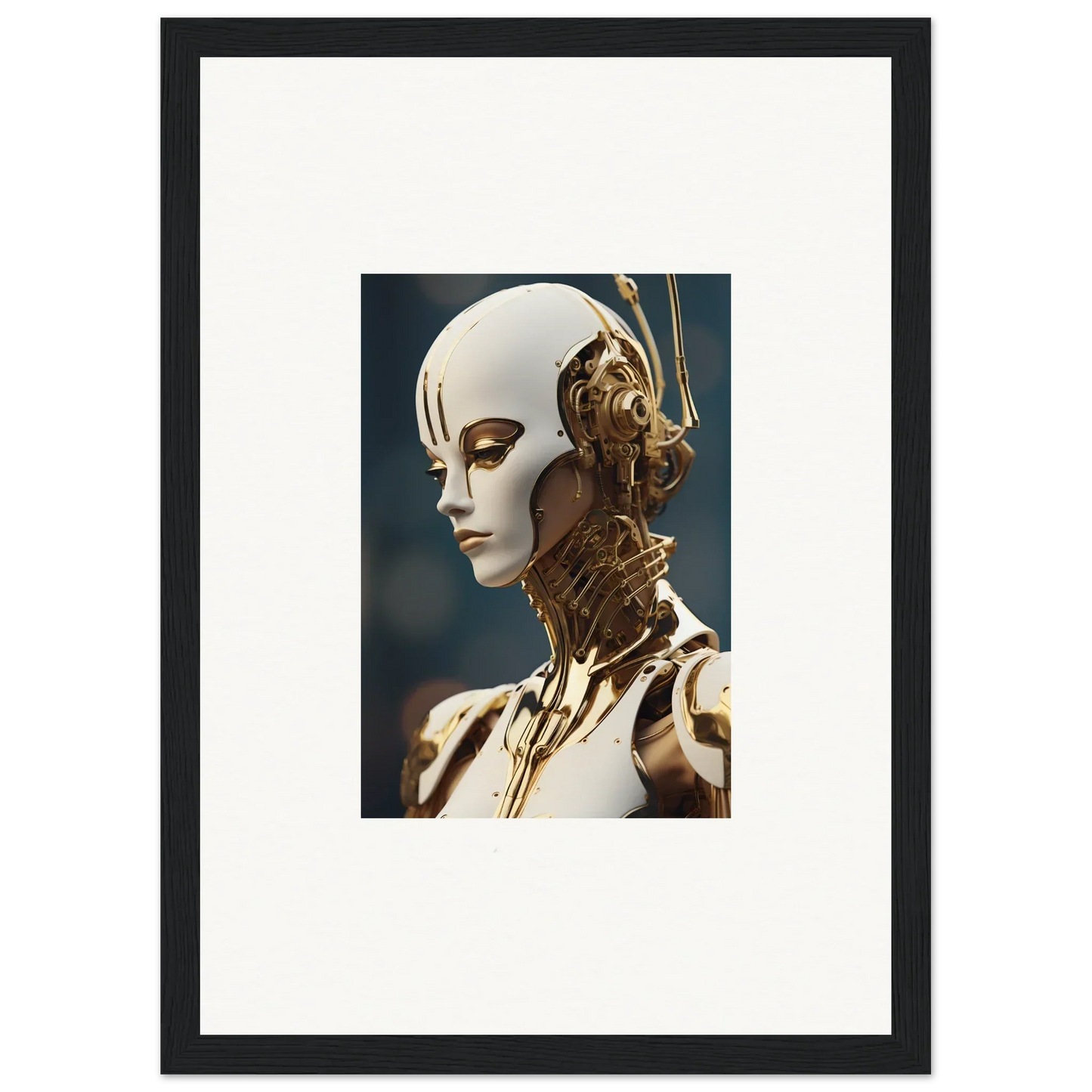 Futuristic humanoid robot with gold details, perfect for Whiskey Obedient wall decor