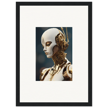 Futuristic humanoid robot with gold details, perfect for Whiskey Obedient wall decor