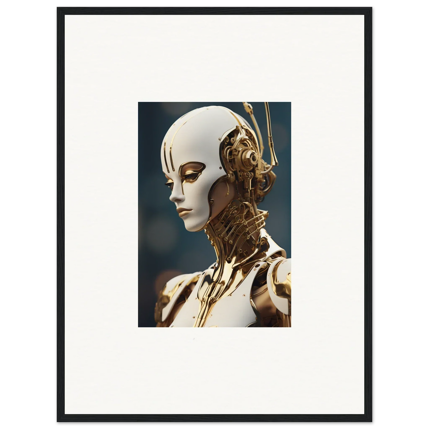 Futuristic humanoid robot with gold mechanics for Whiskey Obedient room decor art