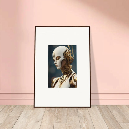 Framed wall art of a futuristic humanoid figure with gold elements for Whiskey Obedient room decor