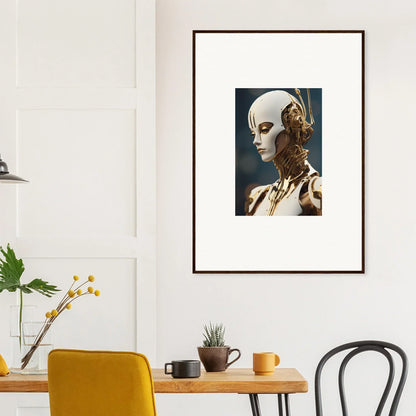 Framed wall art of a humanoid robot with mechanical parts for whiskey obedient room decor