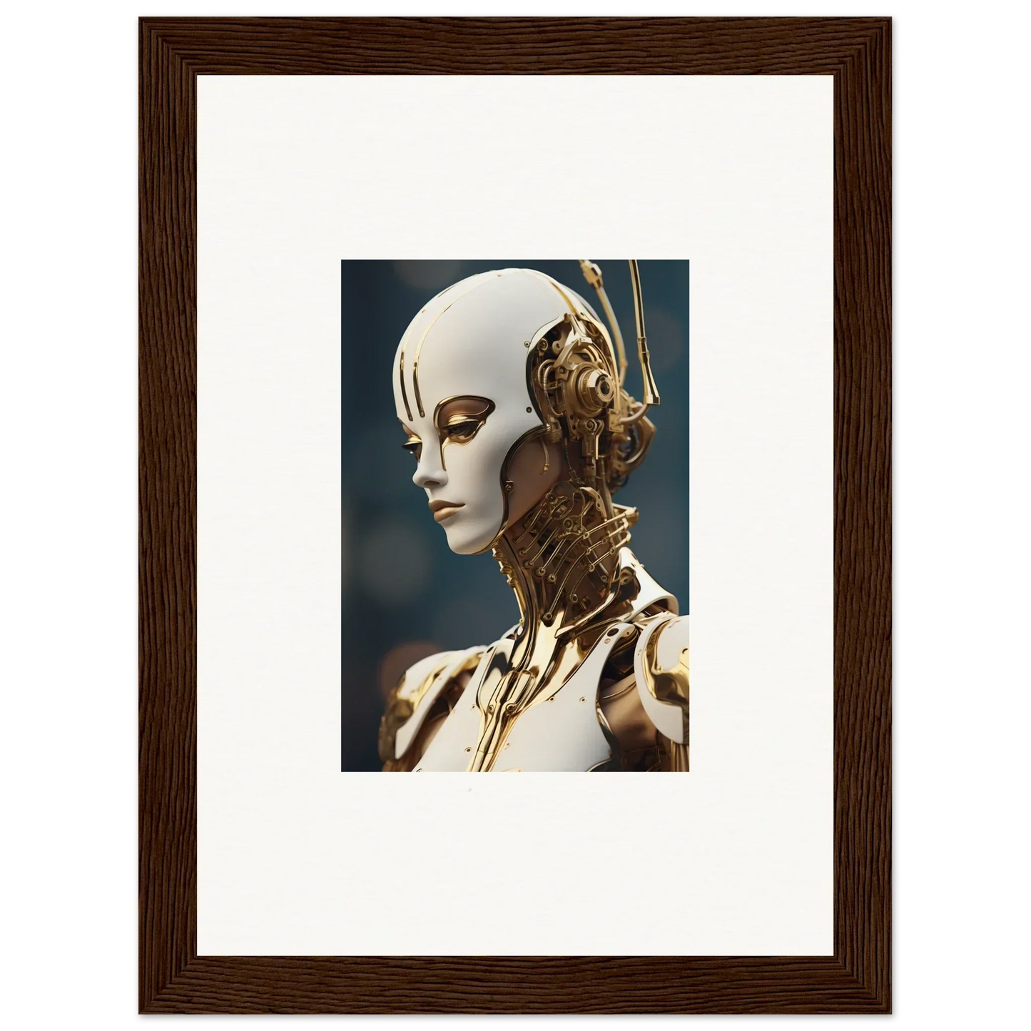 Futuristic humanoid robot with gold accents for unique whiskey obedient wall decor