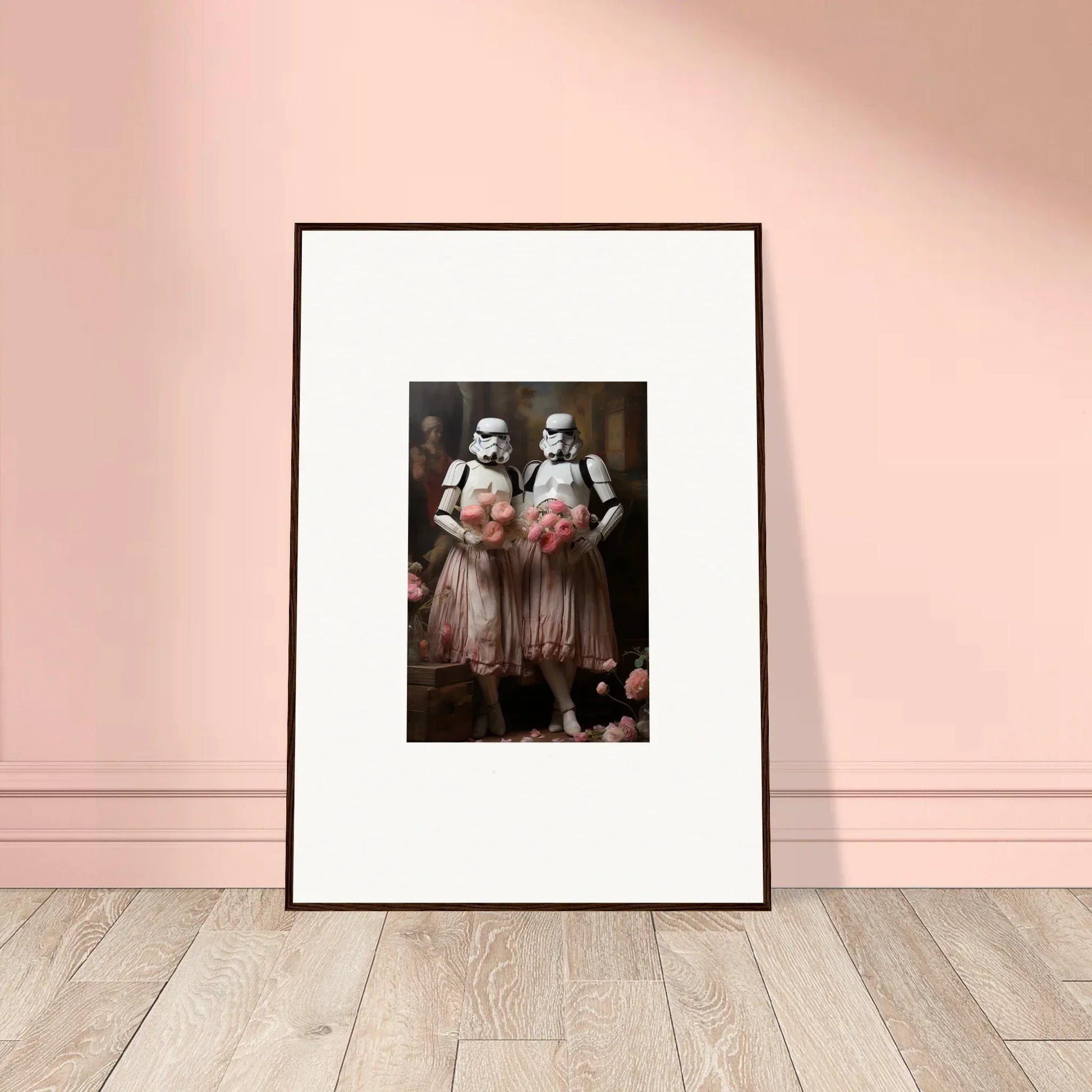 Framed wall art of Stormtroopers in pink tutus for unique room decor amidst echoes