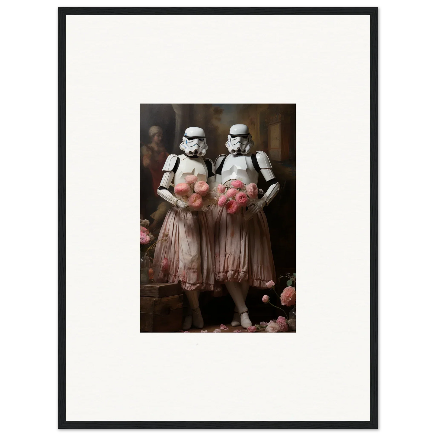 Framed wall art of Stormtroopers in pink tutus for unique room decor amidst echoes