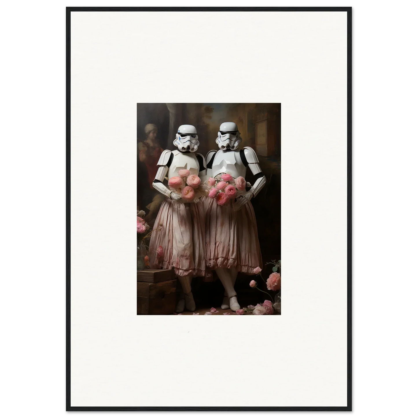 Framed wall art of Stormtroopers in pink tutus, perfect room decor amidst echoes