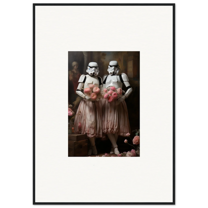 Framed wall art of Stormtroopers in pink tutus, perfect room decor amidst echoes