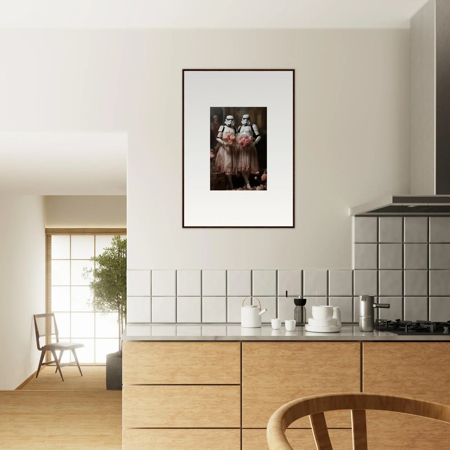 Framed black and white photograph of figures in traditional dress for elegant room decor