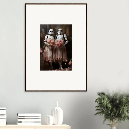 Framed wall art of Stormtroopers in pink tutus for unique room decor amid echoes