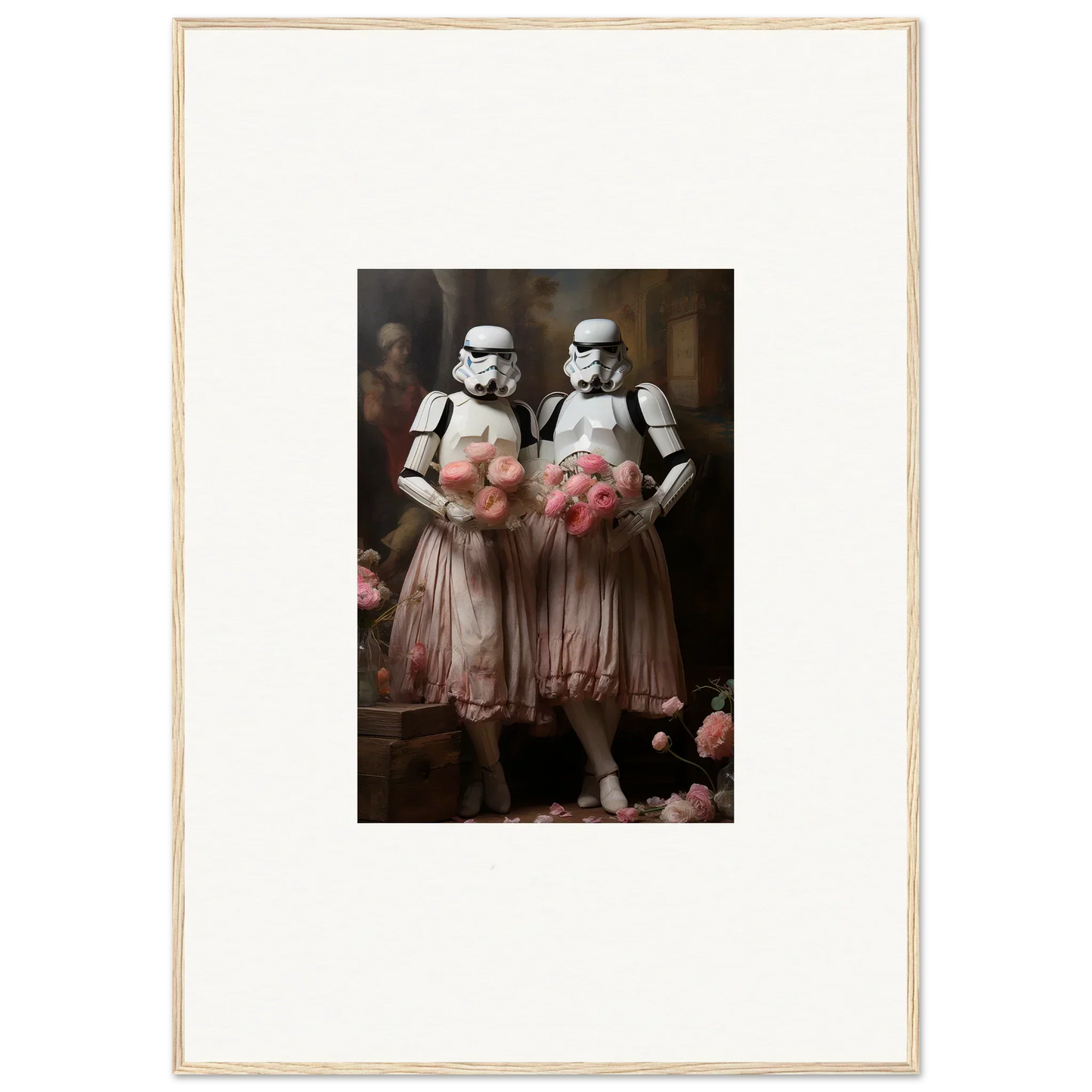 Framed wall art of Stormtroopers in pink tutus, perfect room decor amidst echoes