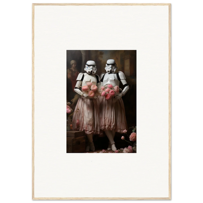 Framed wall art of Stormtroopers in pink tutus, perfect room decor amidst echoes