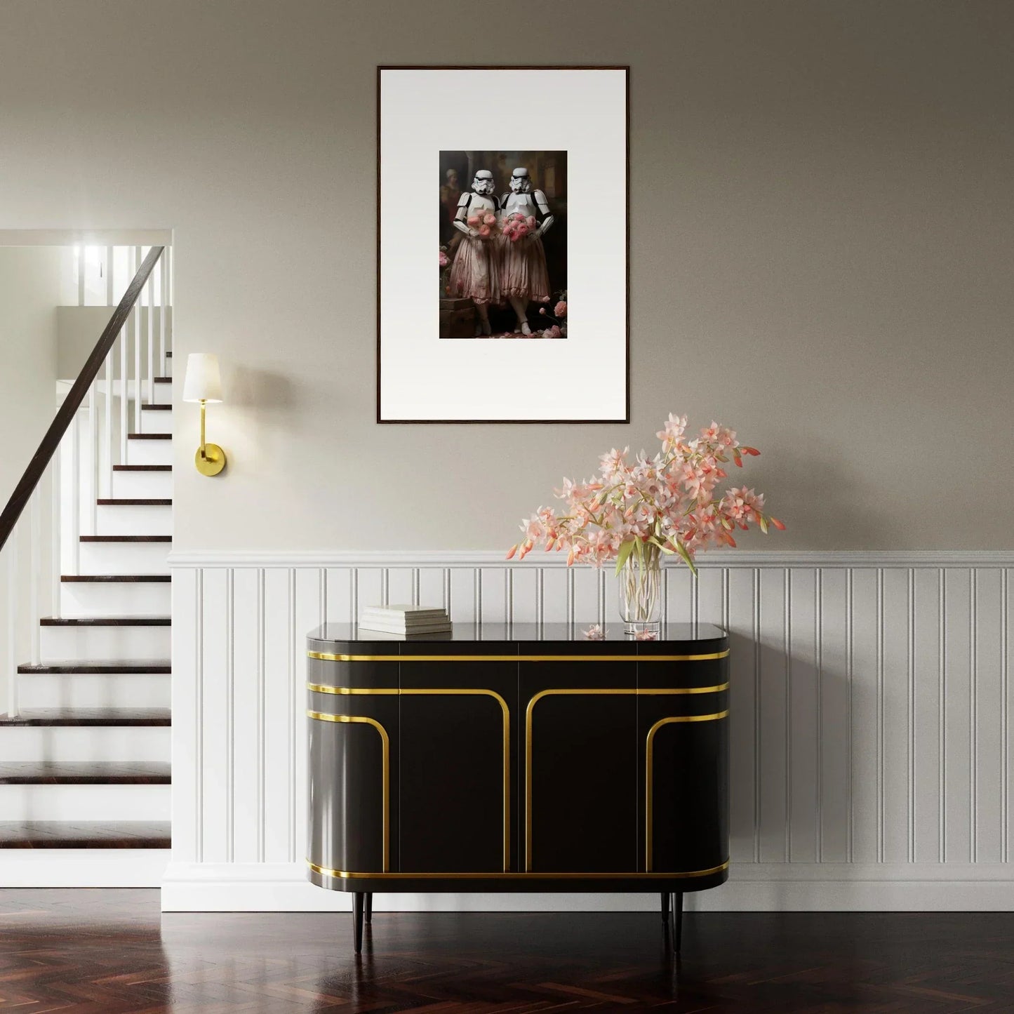 Elegant black sideboard with gold trim enhances room decor amidst echoes