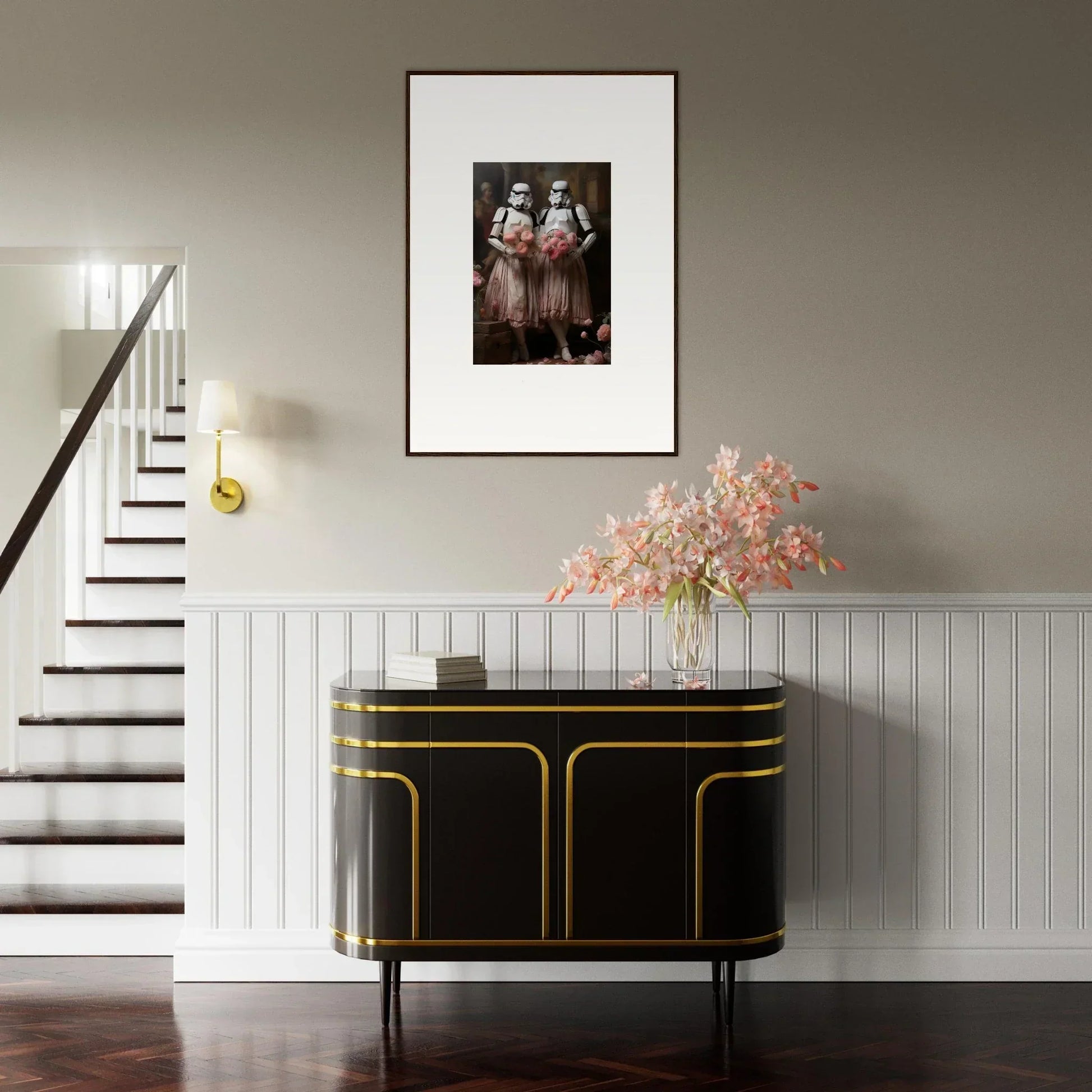 Elegant black sideboard with gold trim enhances room decor amidst echoes