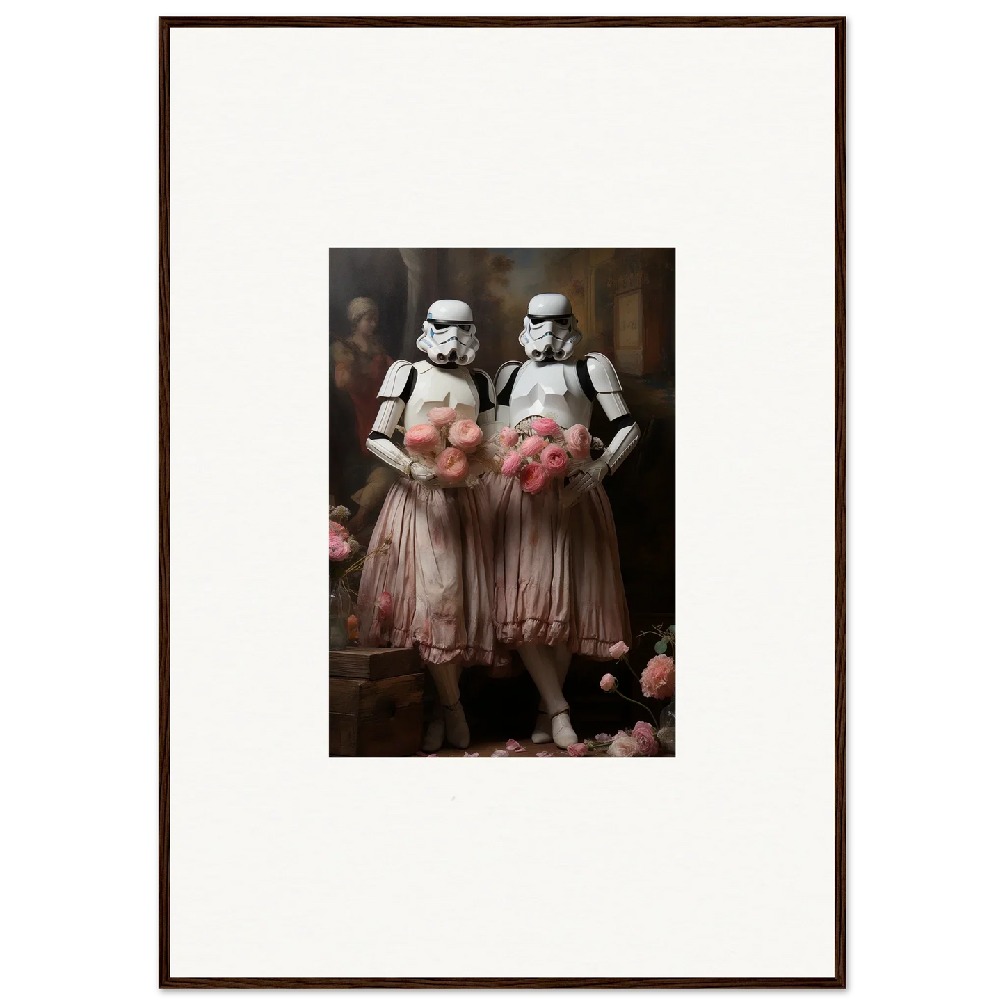 Framed wall art of Stormtroopers in pink tutus adds whimsy to your room decor amidst echoes