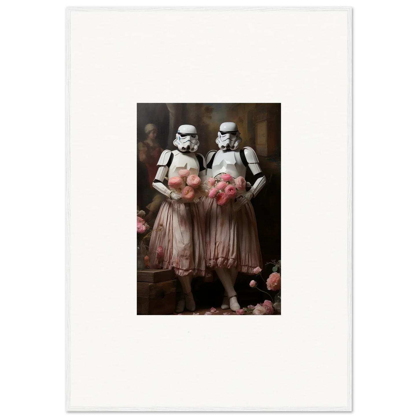 Two Stormtroopers in pink tutus with flowers, perfect room decor amidst echoes