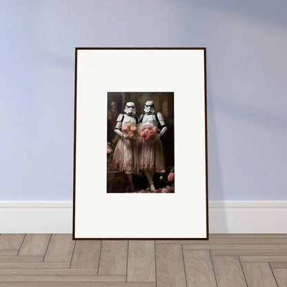 Framed wall art of Stormtroopers in pink tutus for unique room decor amidst echoes