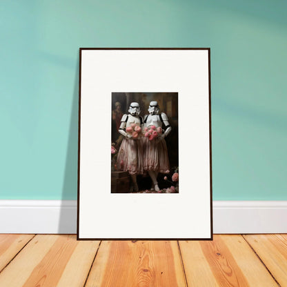 Framed wall art of Stormtroopers in pink tutus for unique room decor amidst echoes