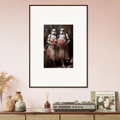 Framed wall art featuring Stormtroopers in pink tutus, perfect for unique room decor amidst echoes