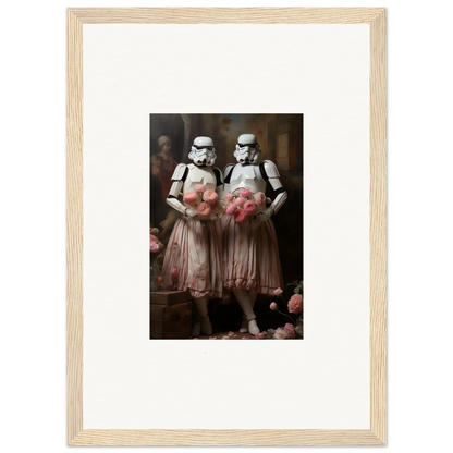 Framed wall art of Stormtroopers in pink tutus, perfect room decor amidst echoes