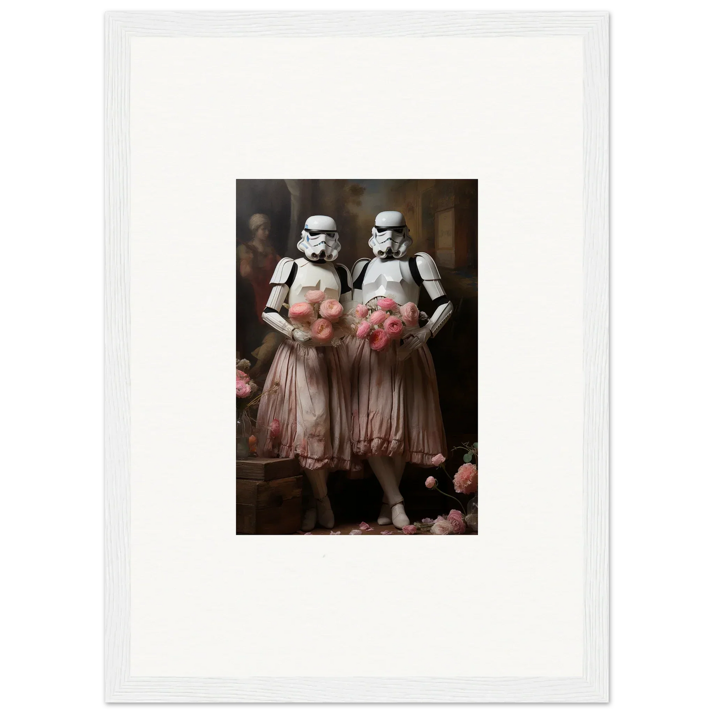 Framed wall art of Stormtroopers in pink tutus, blending fun amidst echoes for unique room decor