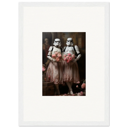 Framed wall art of Stormtroopers in pink tutus, blending fun amidst echoes for unique room decor